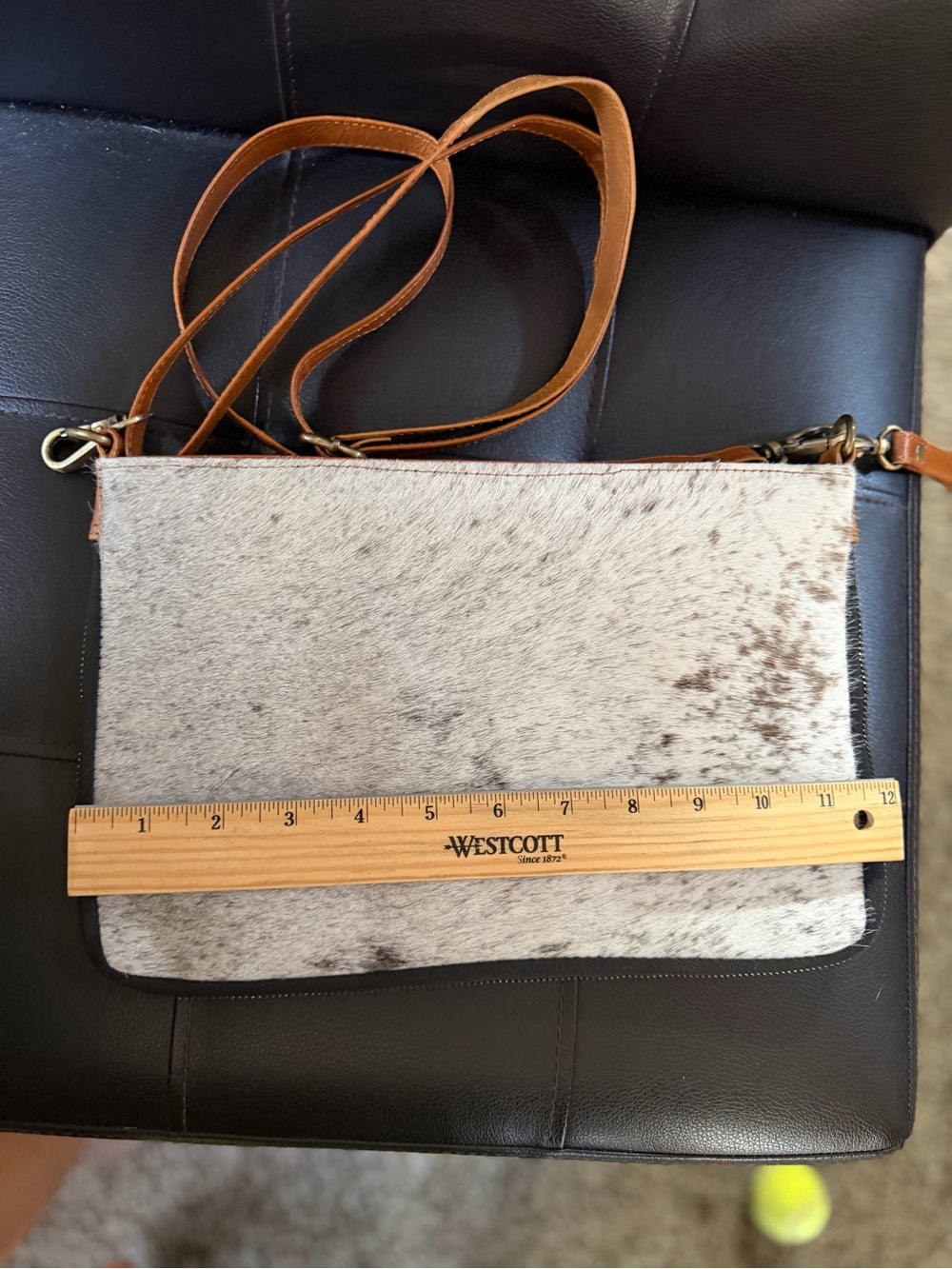 Leather-Trim Cowhide Crossbody Bag in Tan and Cream